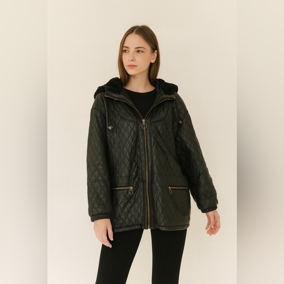 Vintage Quilted Genuine Leather Hooded Jacket Black Zip Front 90s - Picture 6 of 6